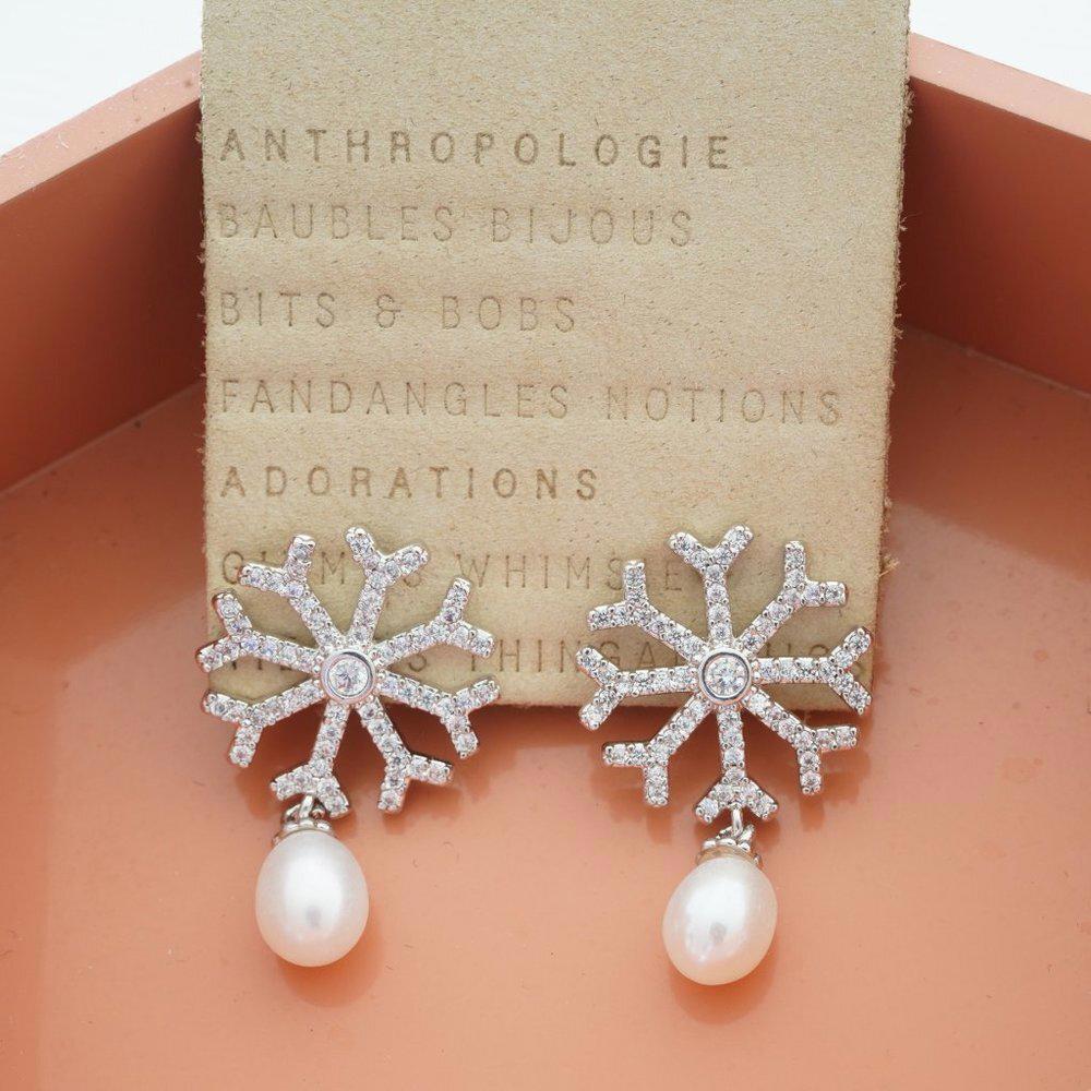 Anthropologie Snowflakes Pearl Drop Post Earrings